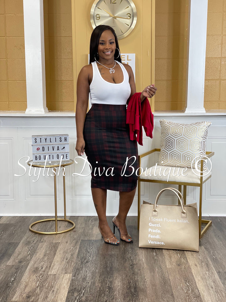 Business Meeting Skirt ONLY up to 3XL (Burgundy Plaid)