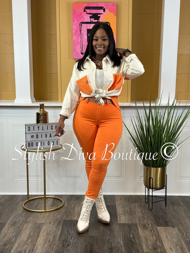 Deena Color Block Shacket (Orange/Cream)