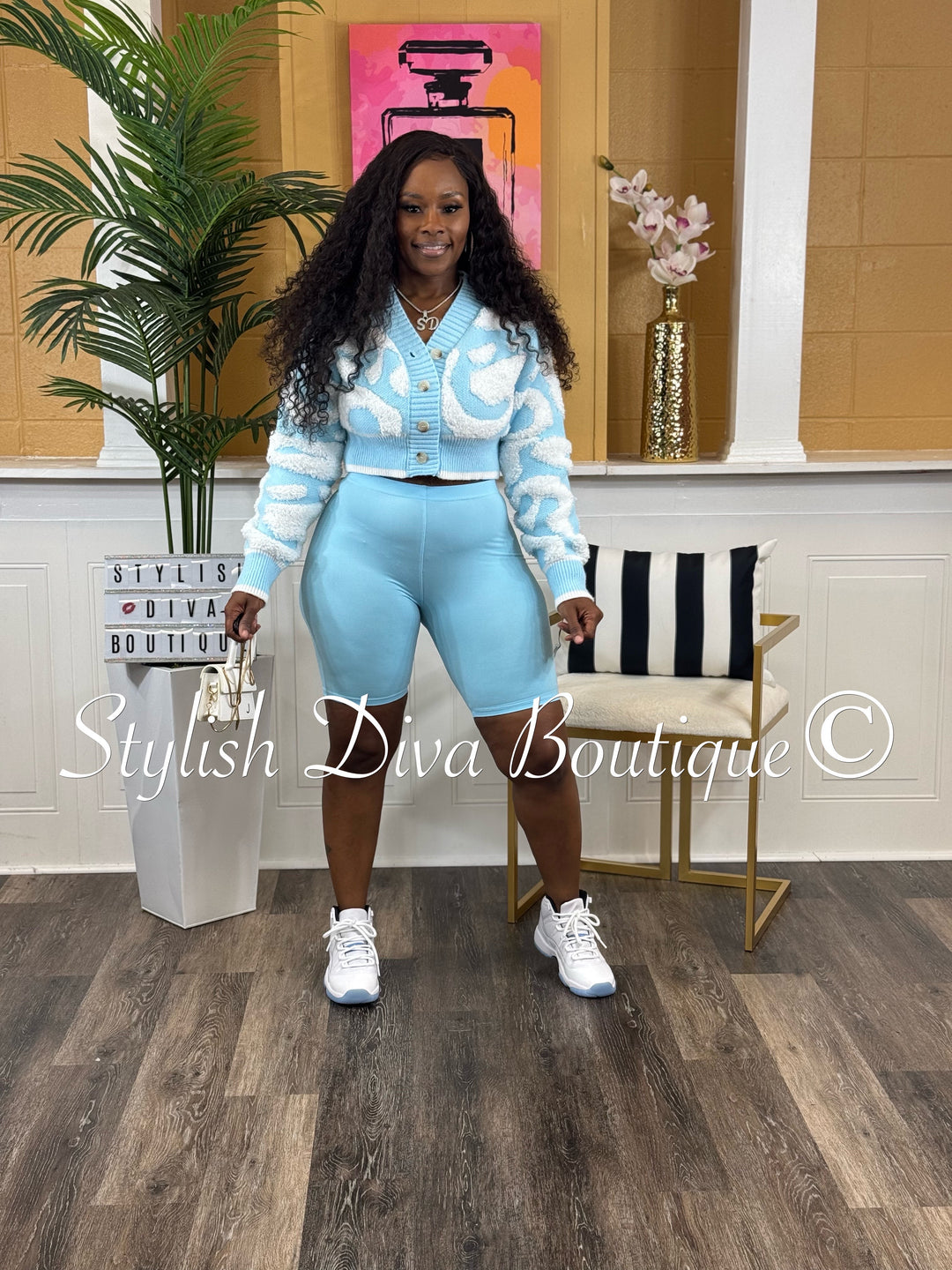 Isabelle Duo Color Cropped Knitted Cardigan (Light Blue/White)