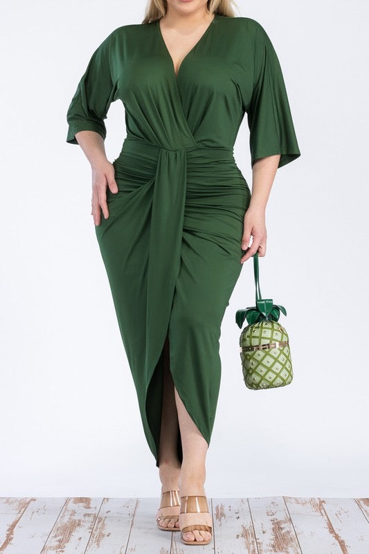 Chandler V Cut Ruched Midi Dress up to 3XL (Hunter Green)