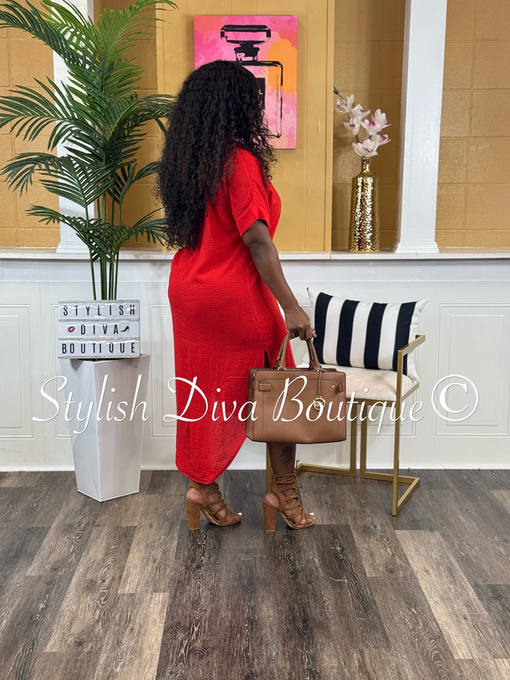 Kinder Buttoned Shirt Midi Dress (Red)