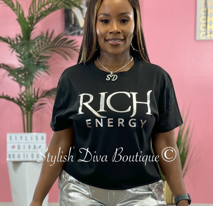 Rich Energy T-Shirt (Black/Metallic Silver Print)