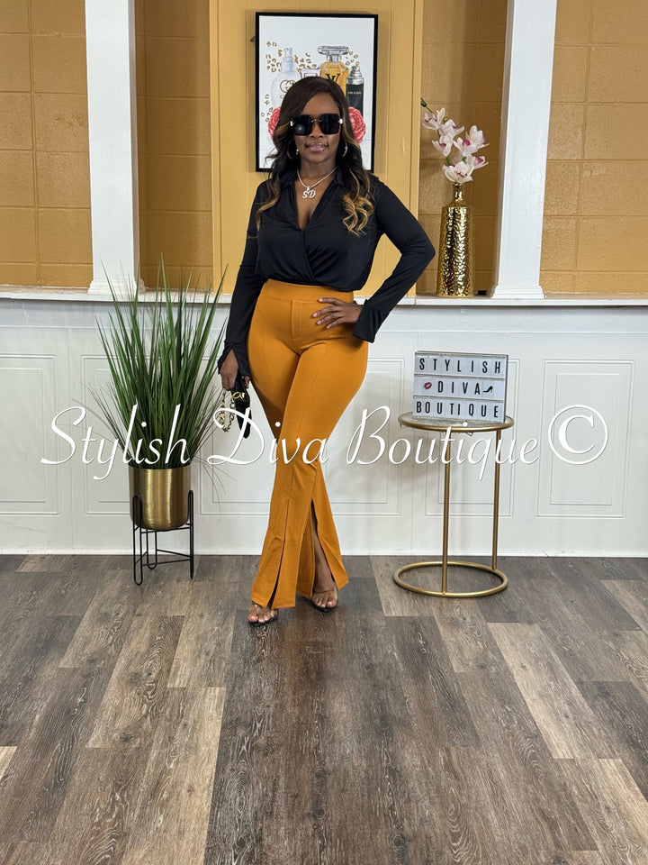 Split Front High Waist Flare Pants (Pumpkin Brown)