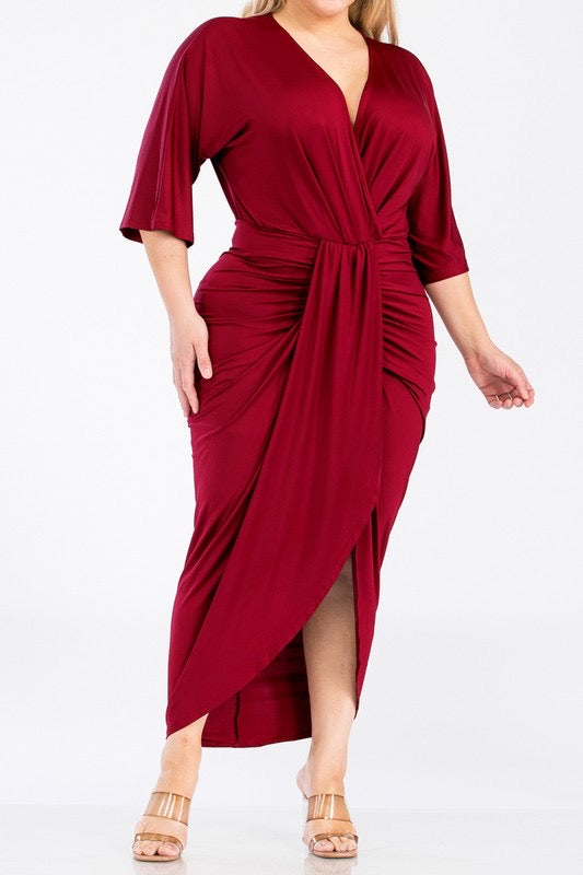 Chandler V Cut Ruched Midi Dress up to 3XL (Burgundy)