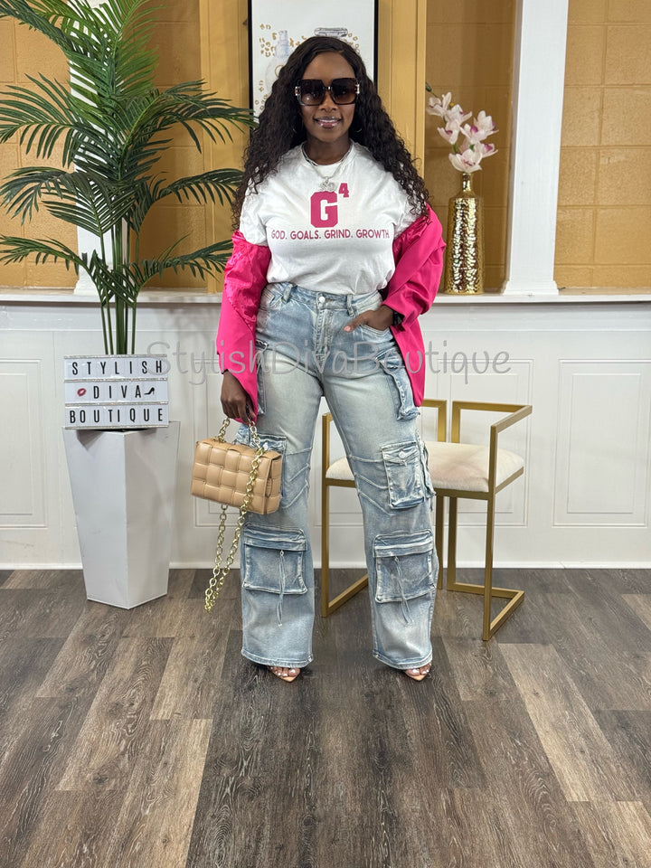 Main Character Acid Wash Cargo Jeans (Light Denim Wash)