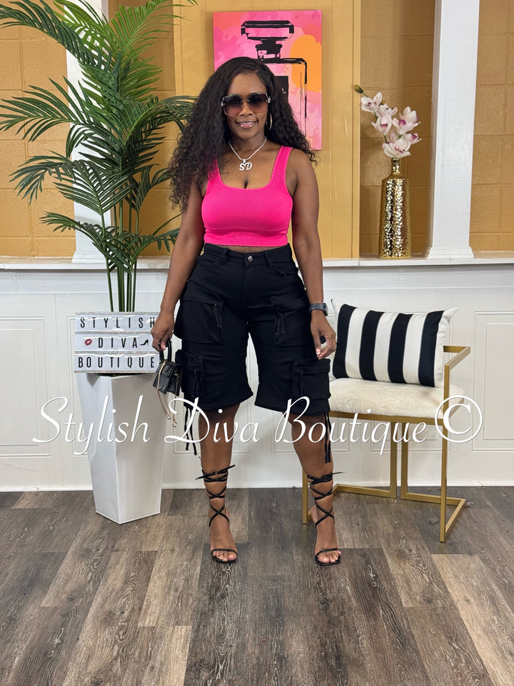 Ribbed Seamless Square Neck Cropped Tank (Hot Pink)