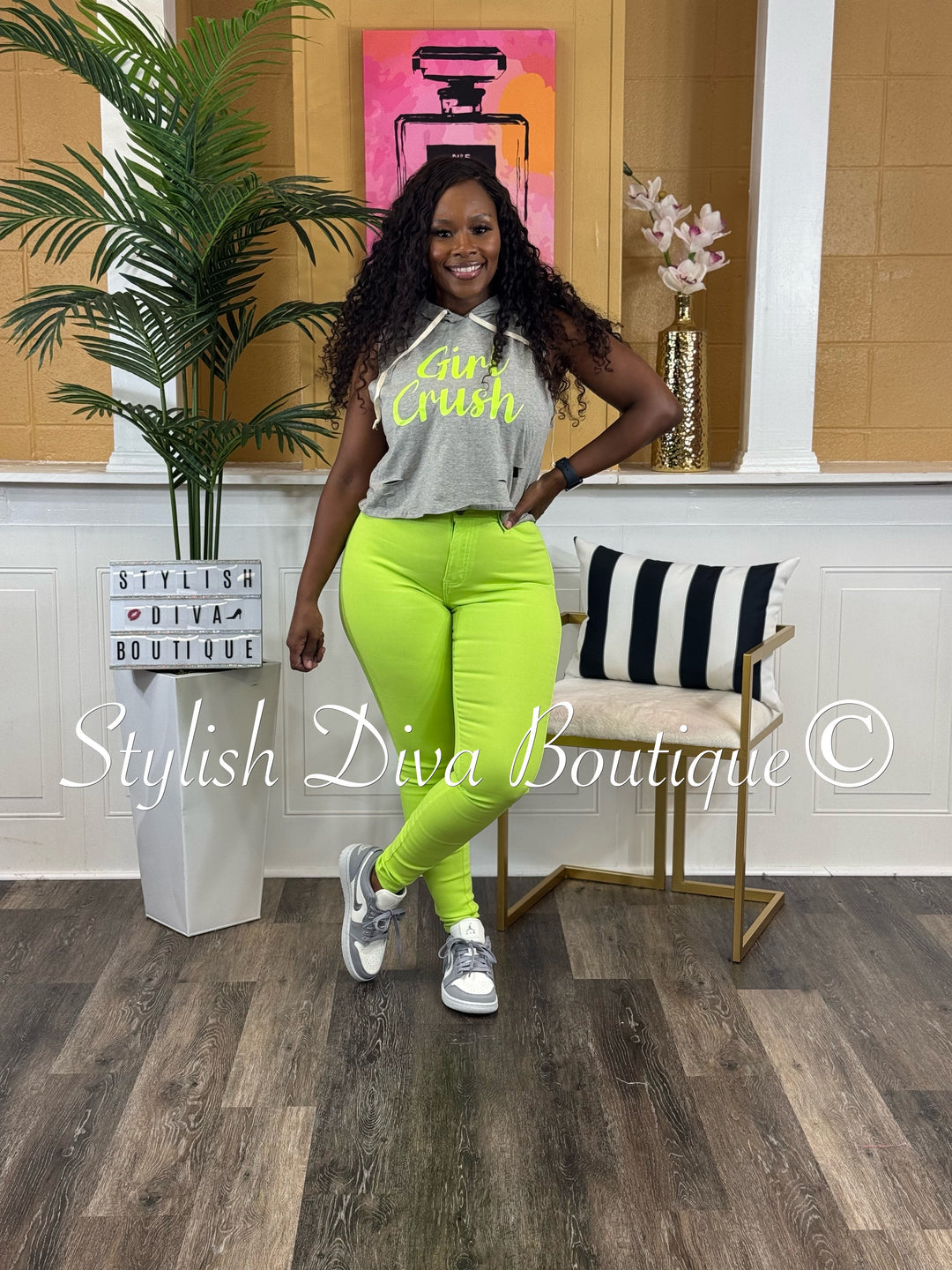Girl Crush Cropped Hoodie Tee (Grey/Neon Yellow)