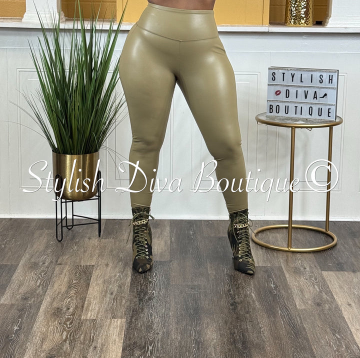Faux Leather Leggings (Khaki Olive)