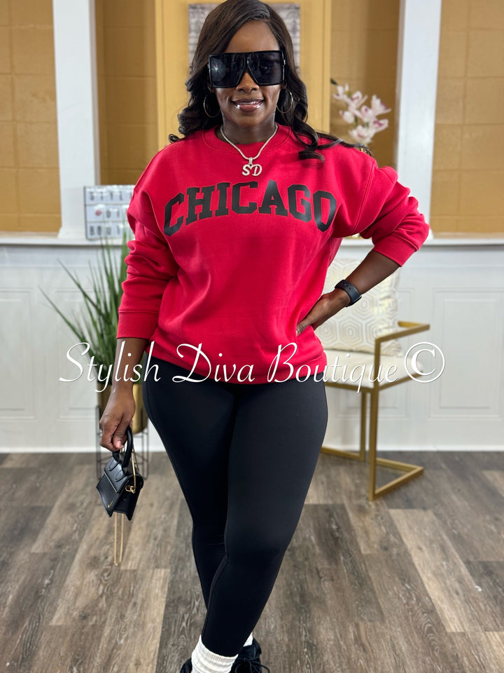 Chicago Oversized Sweatshirt & Leggings 3pc Set (Red Top w/ Red & Black Leggings)