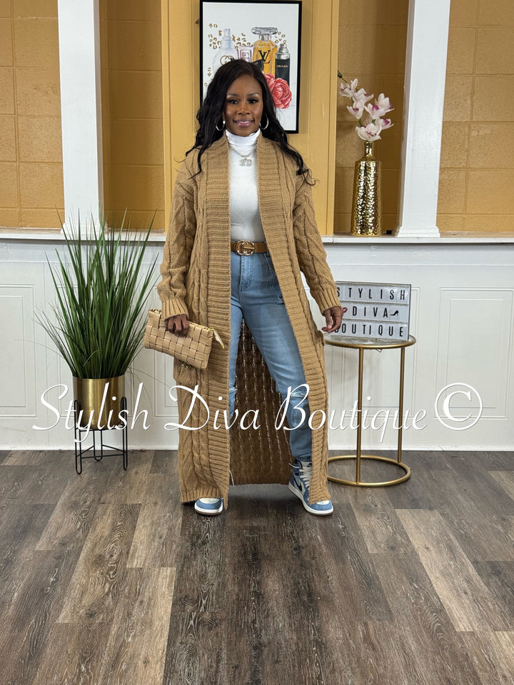 Kamala Long Cable Knit Cardigan (Khaki Brown)
