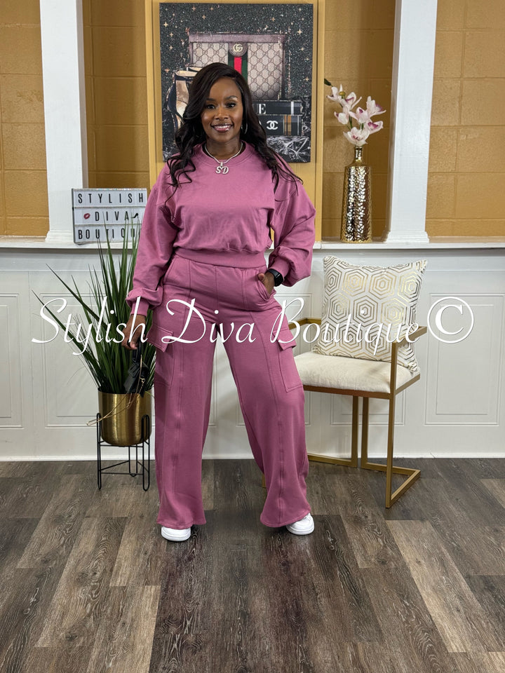 Say Less Wide Leg Cargo Pant Set (Ash Pink)