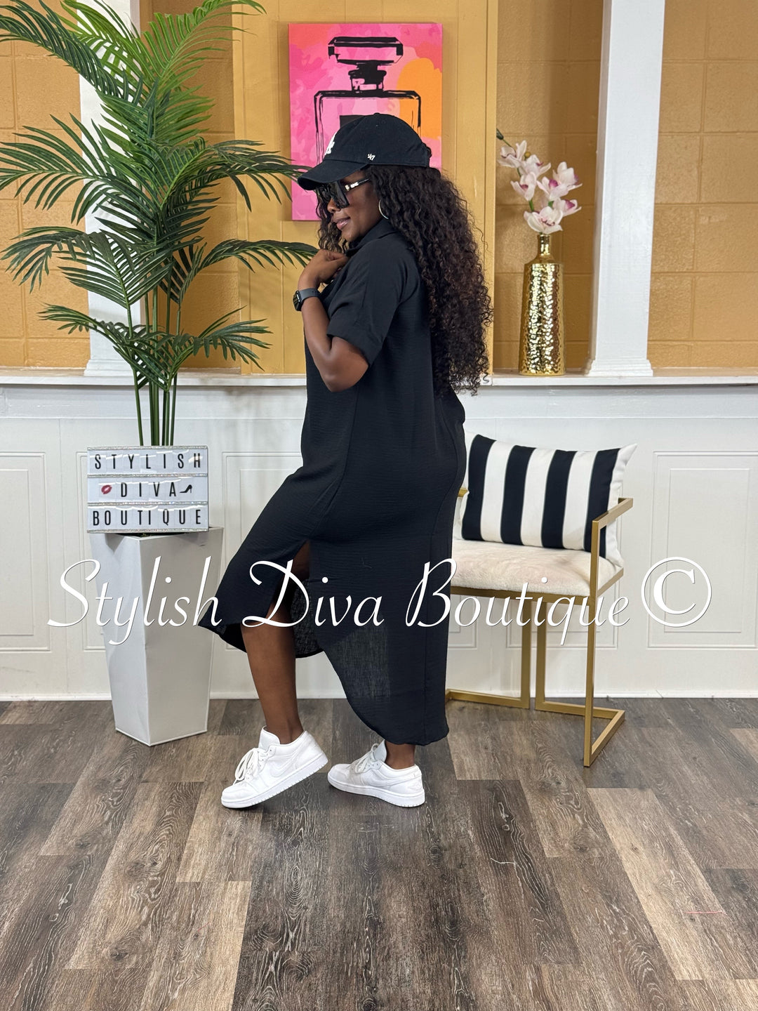 Kinder Buttoned Shirt Midi Dress (Black)