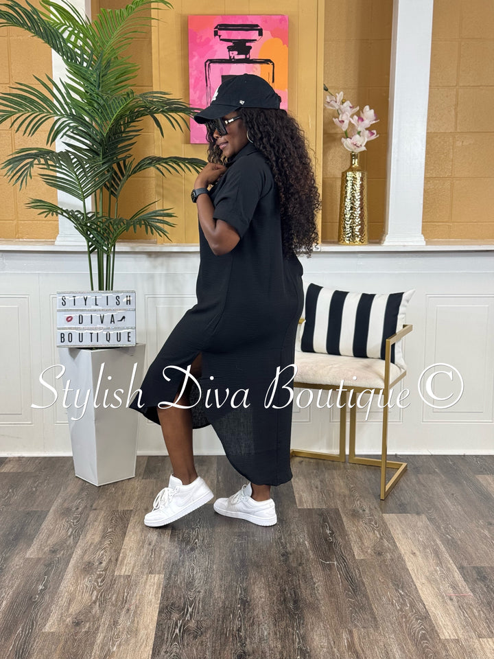 Kinder Buttoned Shirt Midi Dress (Black)