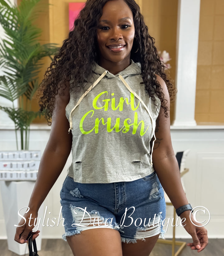Girl Crush Cropped Hoodie Tee (Grey/Neon Yellow)