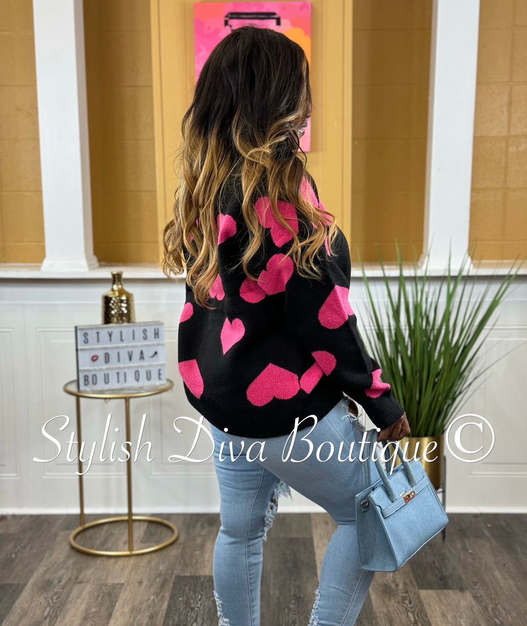 Naomi Heart Print Sweater (Black/Pink)