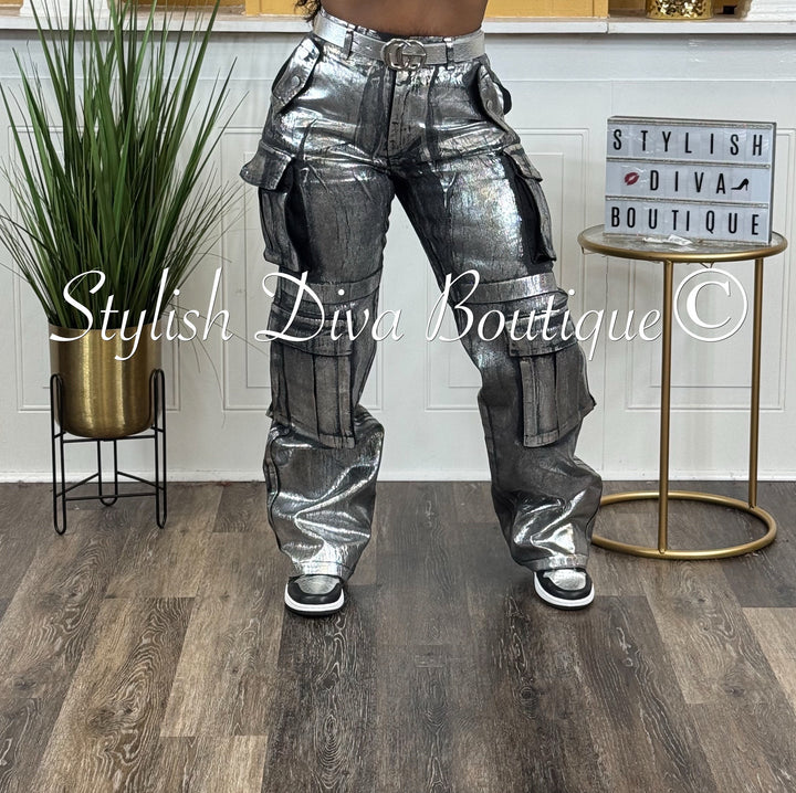 Mecca Metallic Cargo Pants (Black Denim/Silver Foil)