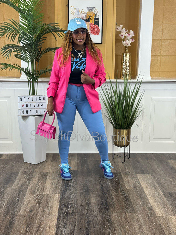 Back In Business Ruched Sleeve Blazer (Hot Pink)