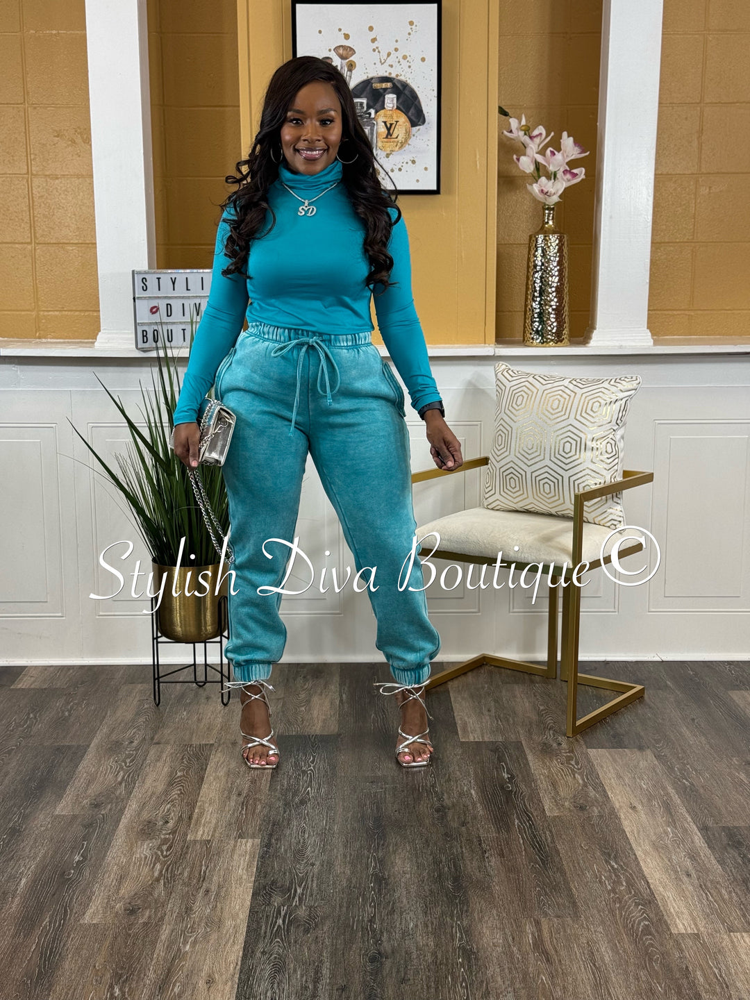 Kerri Acid Wash Mock Neck Jogger Set (Lt Teal)