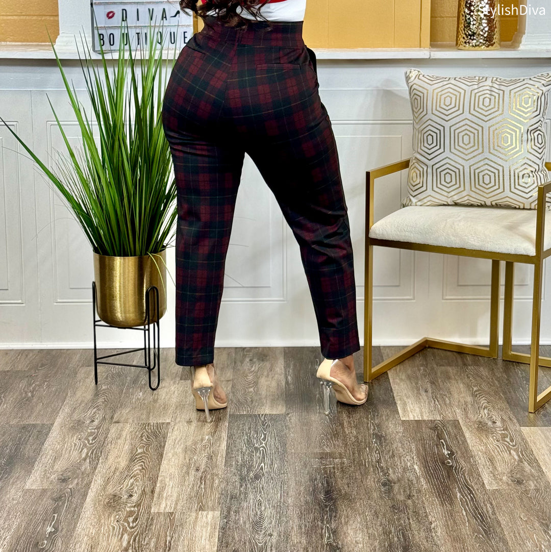 Work It Cropped Plaid Pants up to 3XL (Burgundy Plaid)