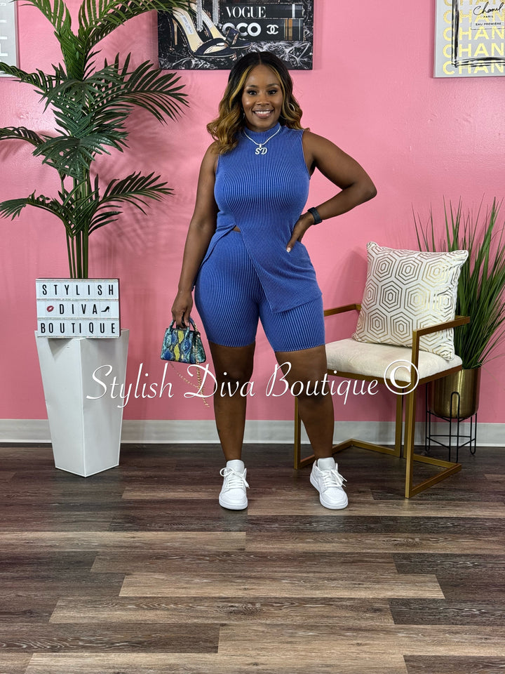 Mila Ribbed Short Set (Blue)