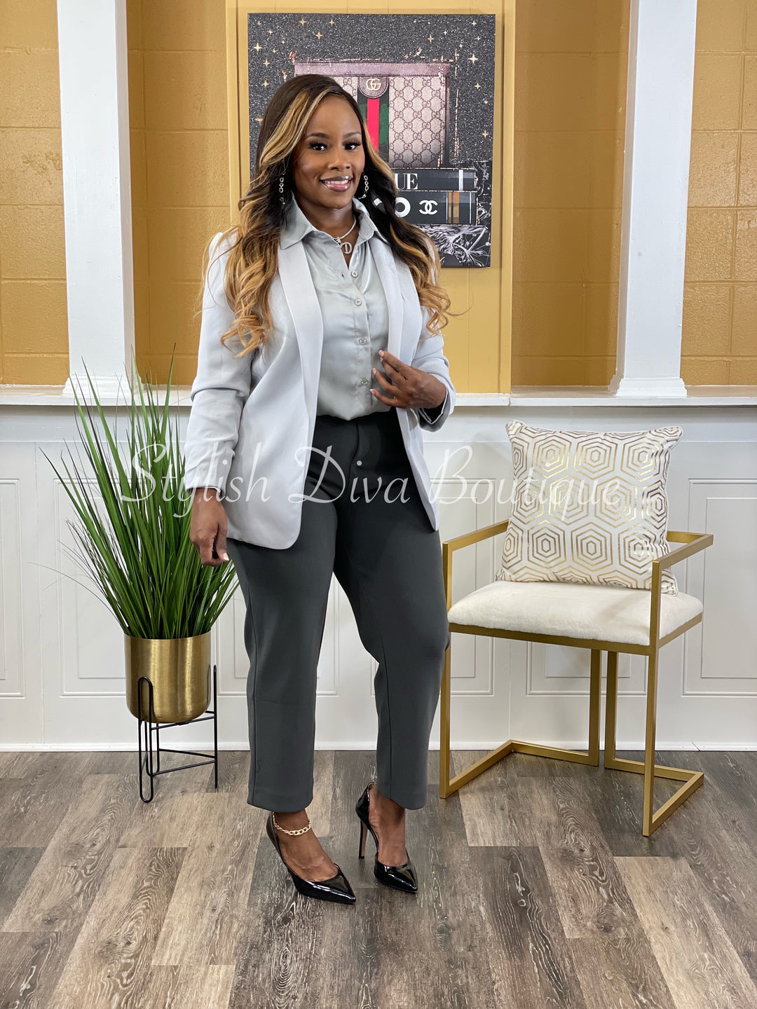 Back In Business Ruched Sleeve Blazer (Lt Grey)