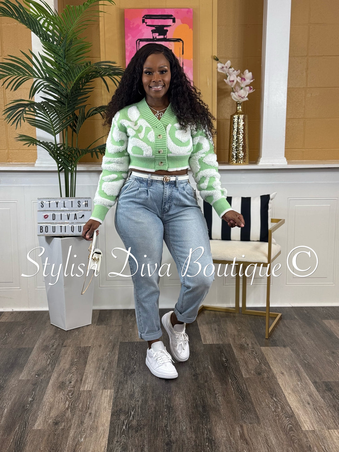 Isabelle Duo Color Cropped Knitted Cardigan (Light Green/White)