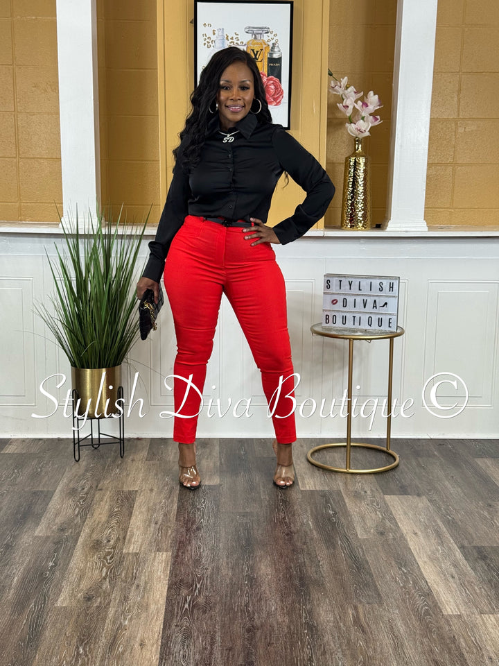 Satin Button Down L/S Bodysuit (Black)