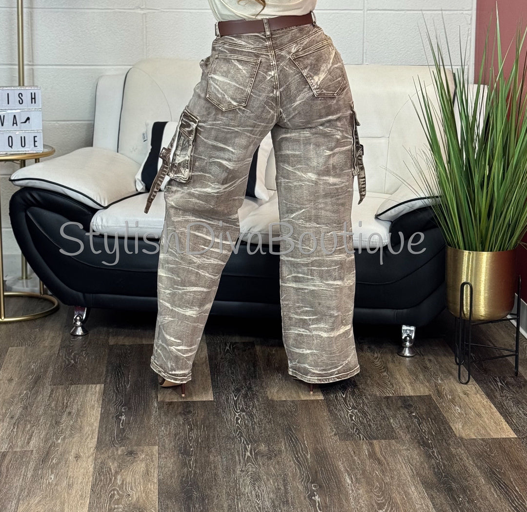 Marbled Wash Cargo Jeans (Brown Wash)