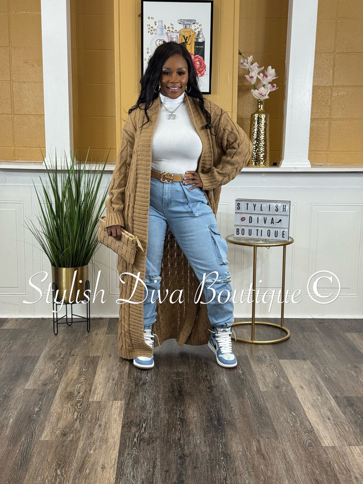 Kamala Long Cable Knit Cardigan (Khaki Brown)