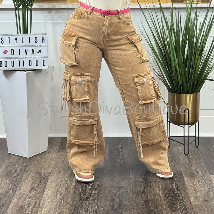 Main Character Acid Wash Cargo Jeans (Tan Wash)