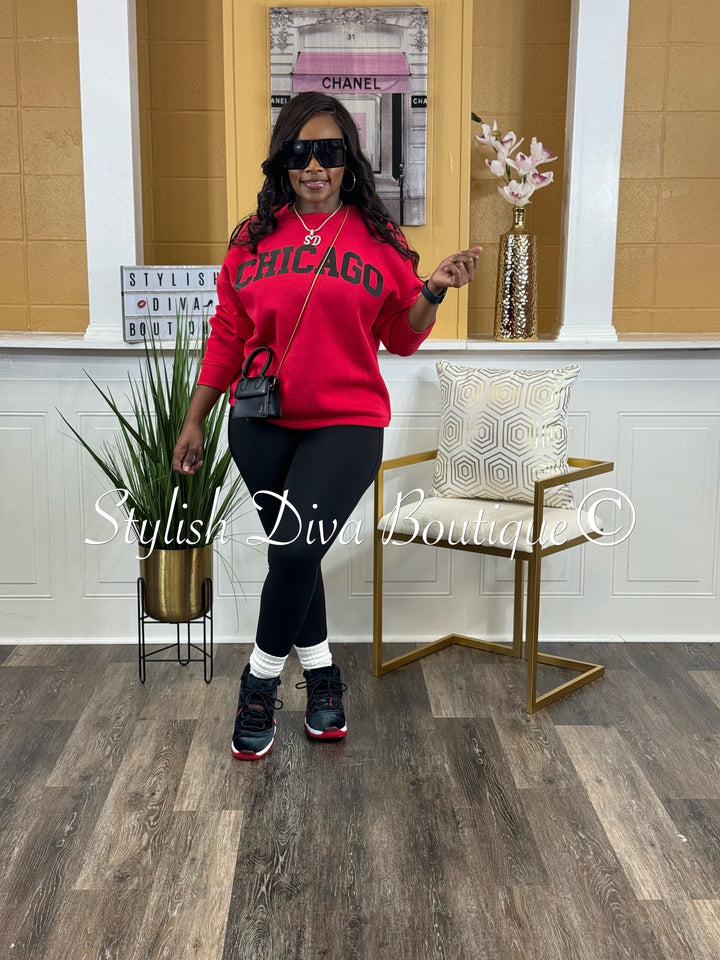 Chicago Oversized Sweatshirt & Leggings 3pc Set (Red Top w/ Red & Black Leggings)