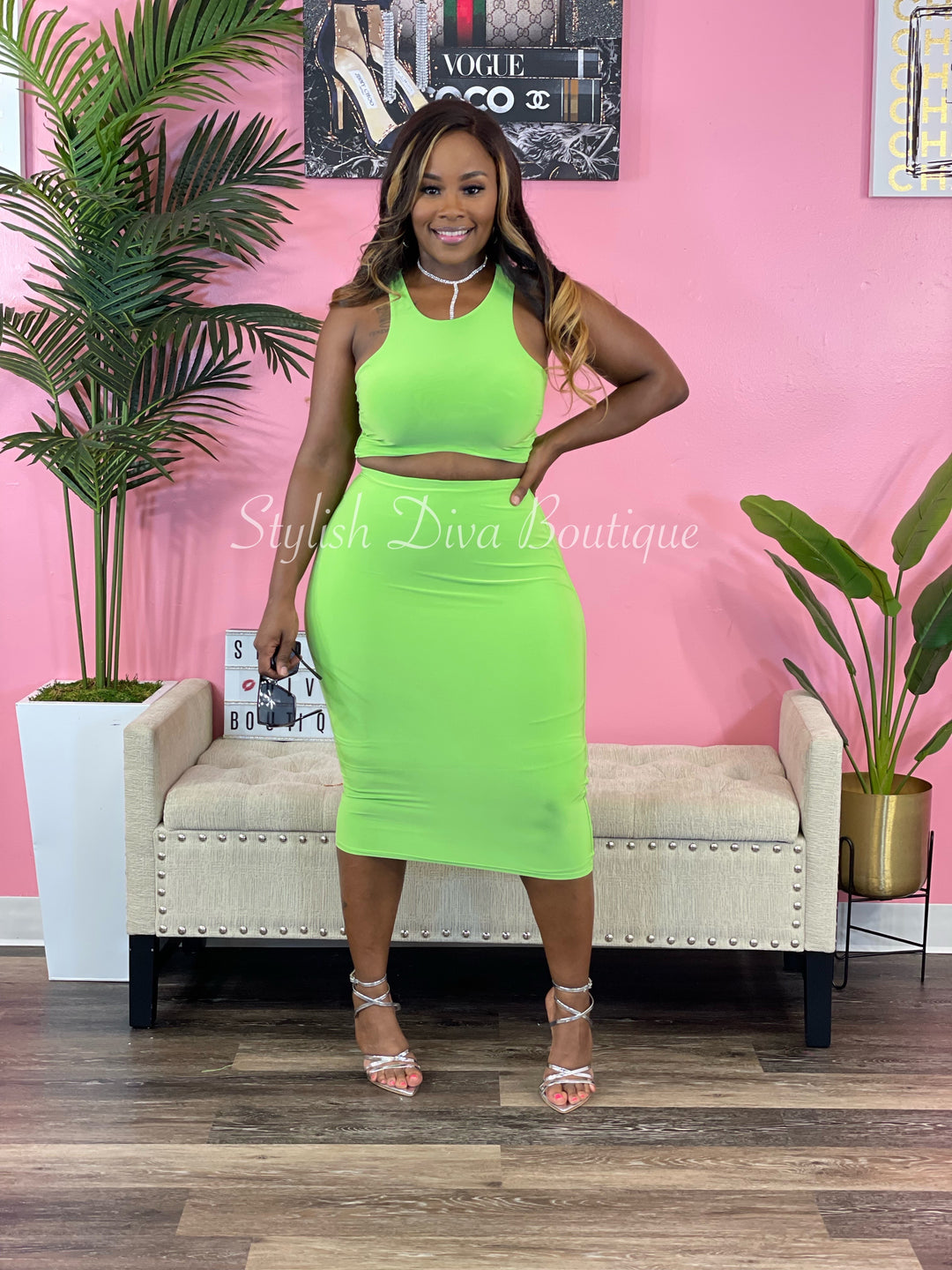 It Girl Midi Skirt Set (Lime Green)