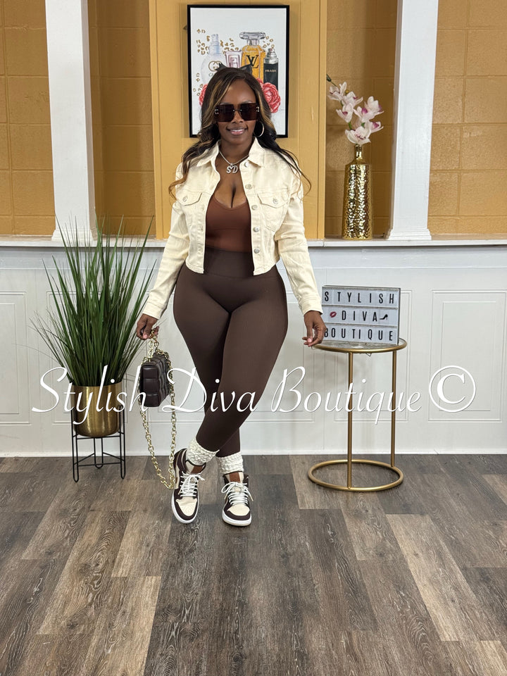Laced Back Cropped Denim Jacket (Cream Denim)