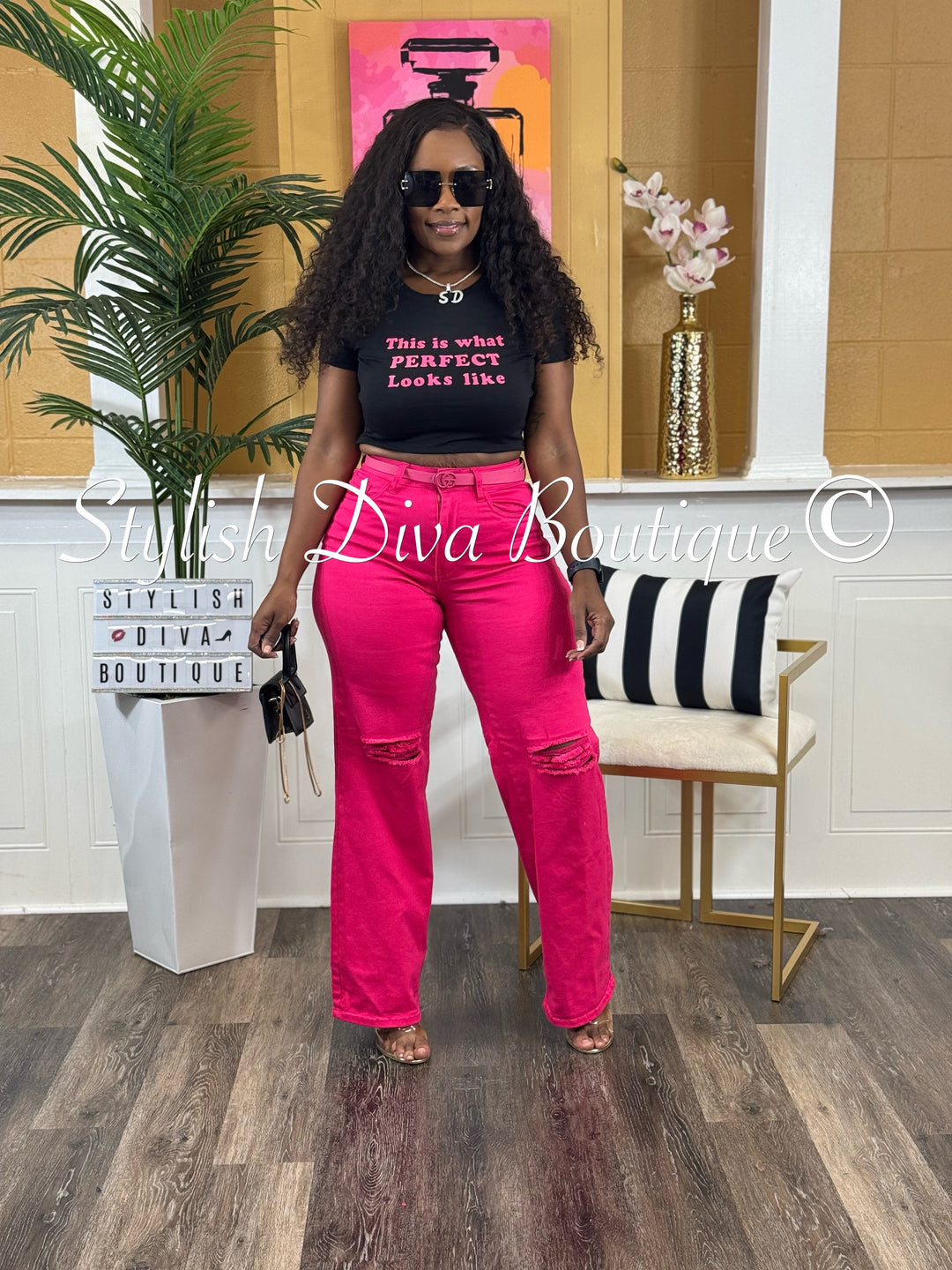London Straight Leg Distressed Jeans (Magenta Pink)