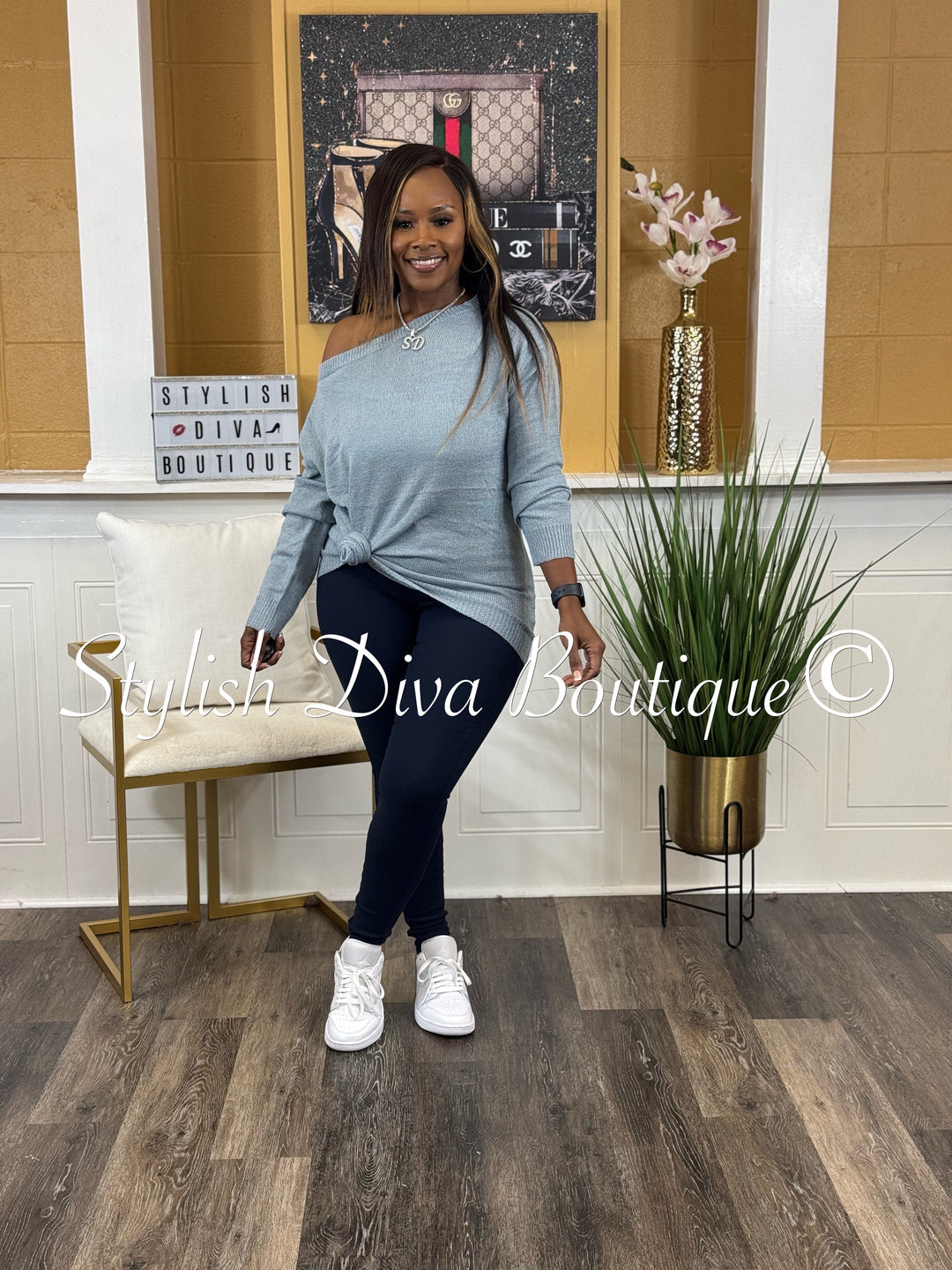 Bobbi Off Shoulder Spring Sweater (Denim Blue)