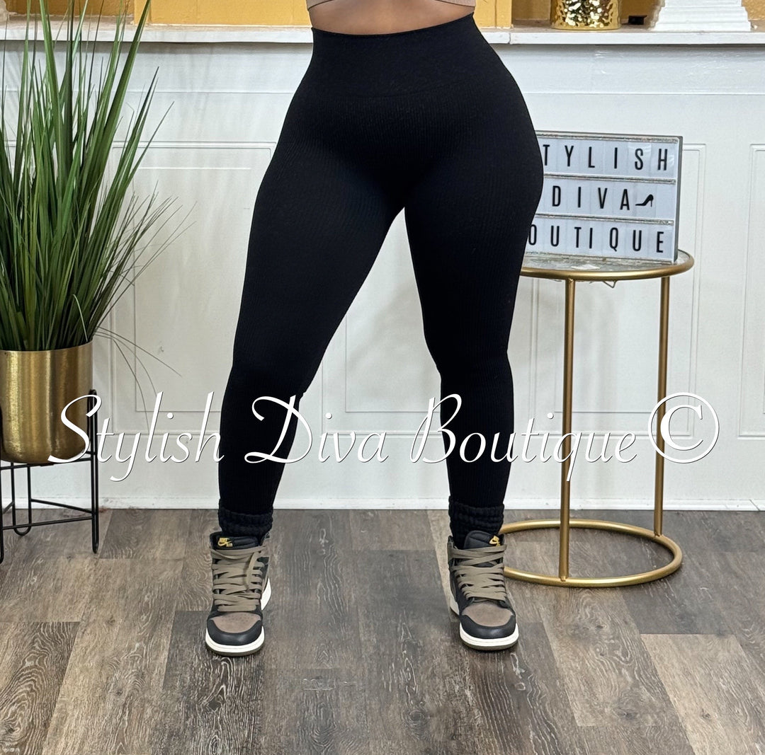 Seamless Ribbed High Waist Leggings (Black)