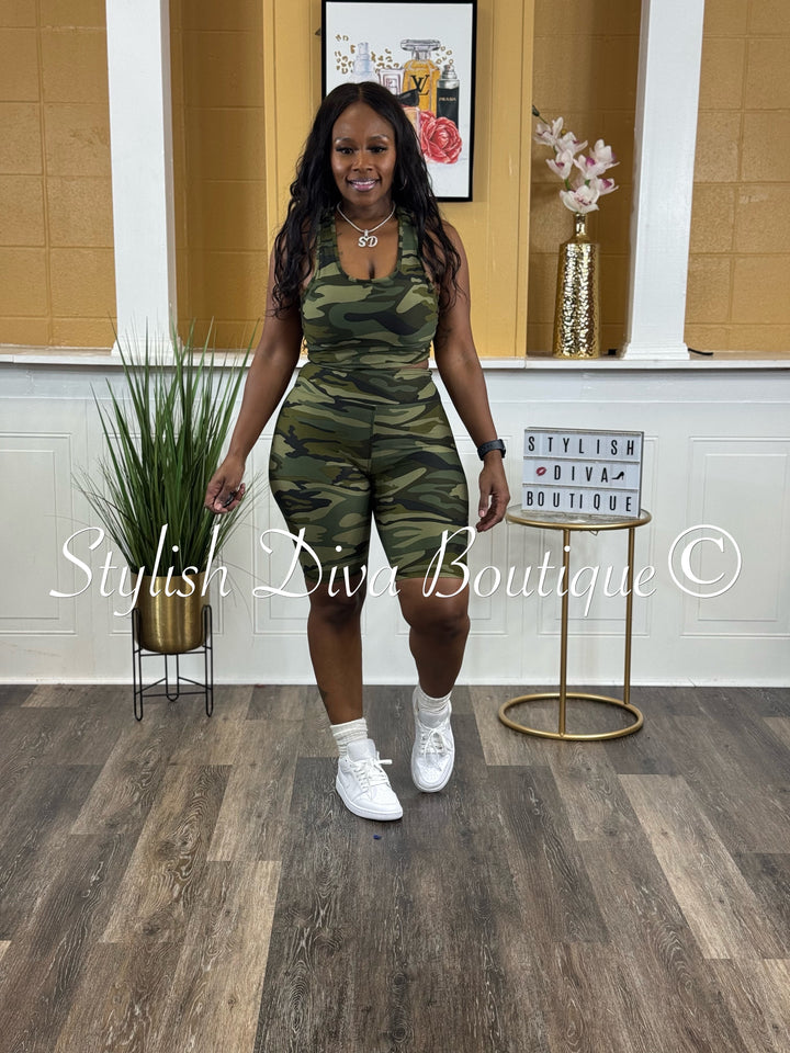Camo Sleeveless Cropped Biker Set