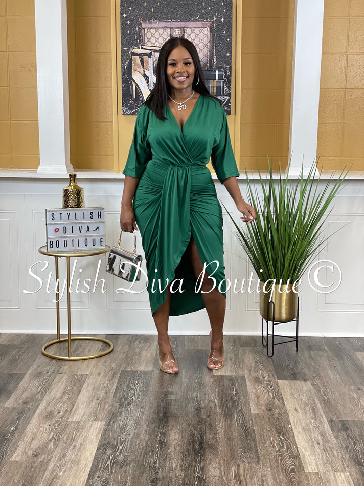 Chandler V Cut Ruched Midi Dress up to 3XL (Hunter Green)