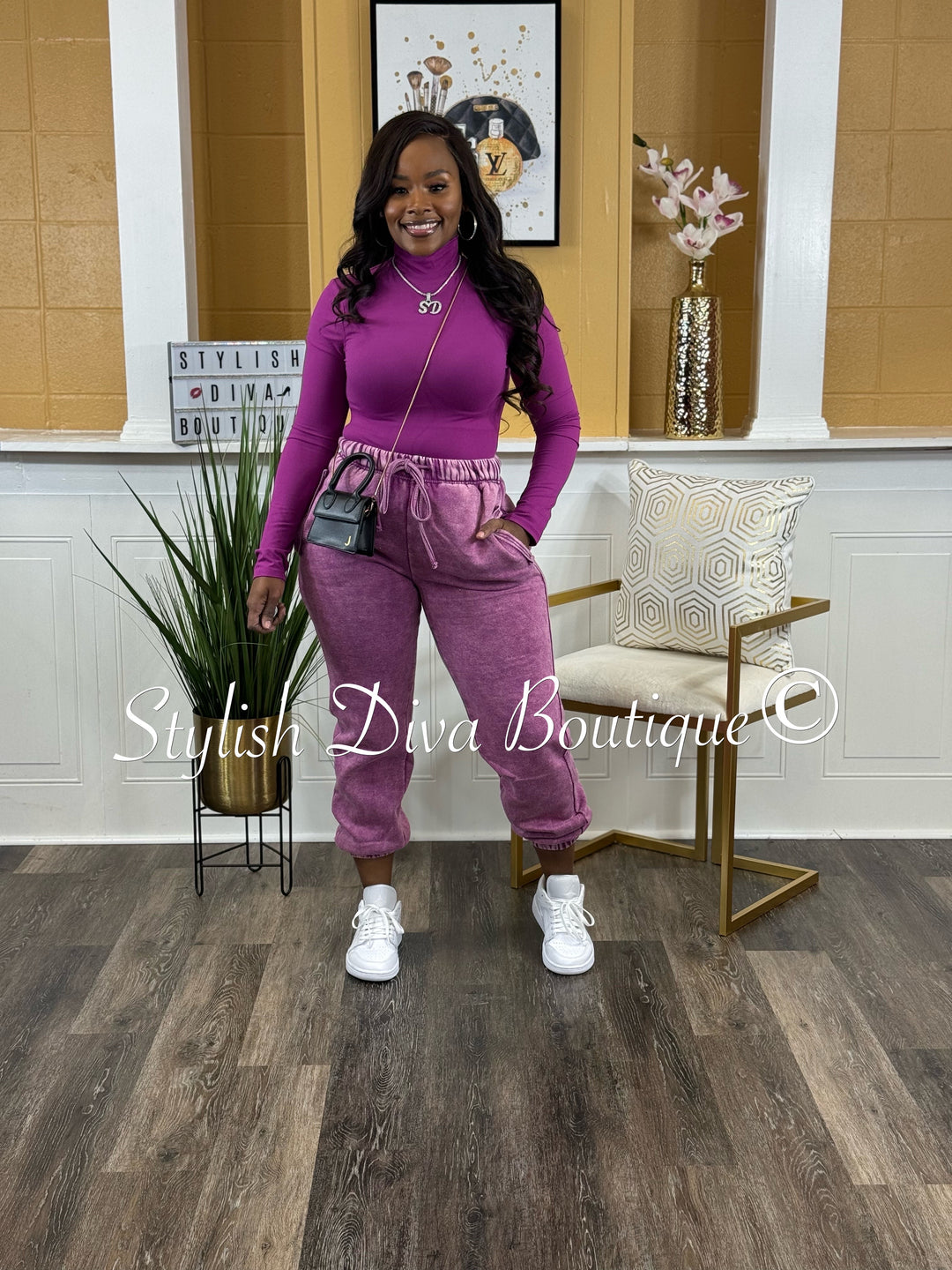 Kerri Acid Wash Mock Neck Jogger Set (Lt Plum)