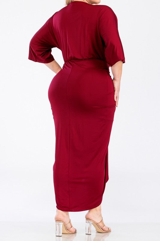 Chandler V Cut Ruched Midi Dress up to 3XL (Burgundy)