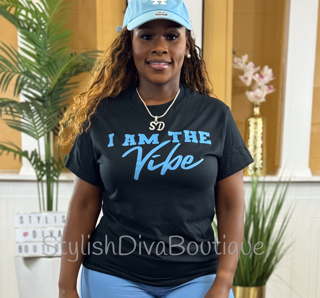 I AM the Vibe Graphic Tee (Black Shirt/Columbia Blue Print)