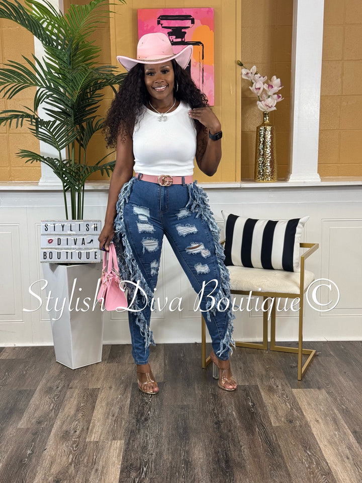Show Stopper Distressed Fringe Jeans (Dark Wash)