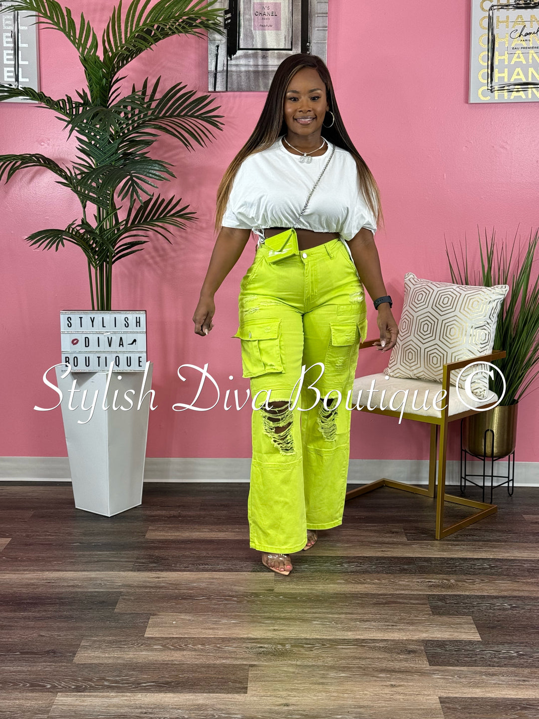 Icon Distressed Cargo Pants up to 3XL (Lime)