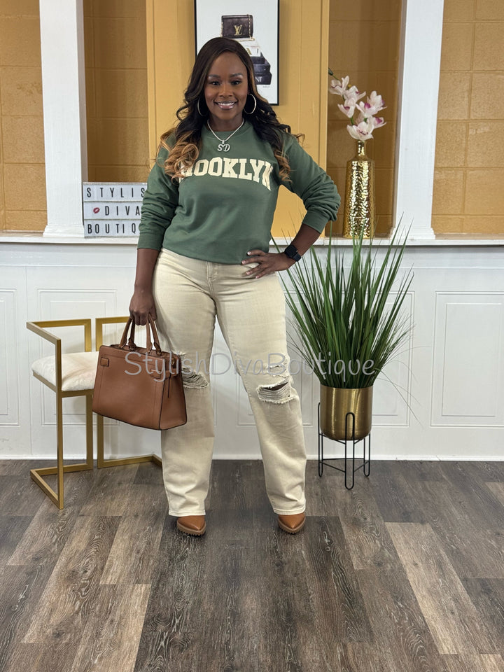 Brooklyn Sweatshirt Only up to 3XL (Olive/Cream Print)