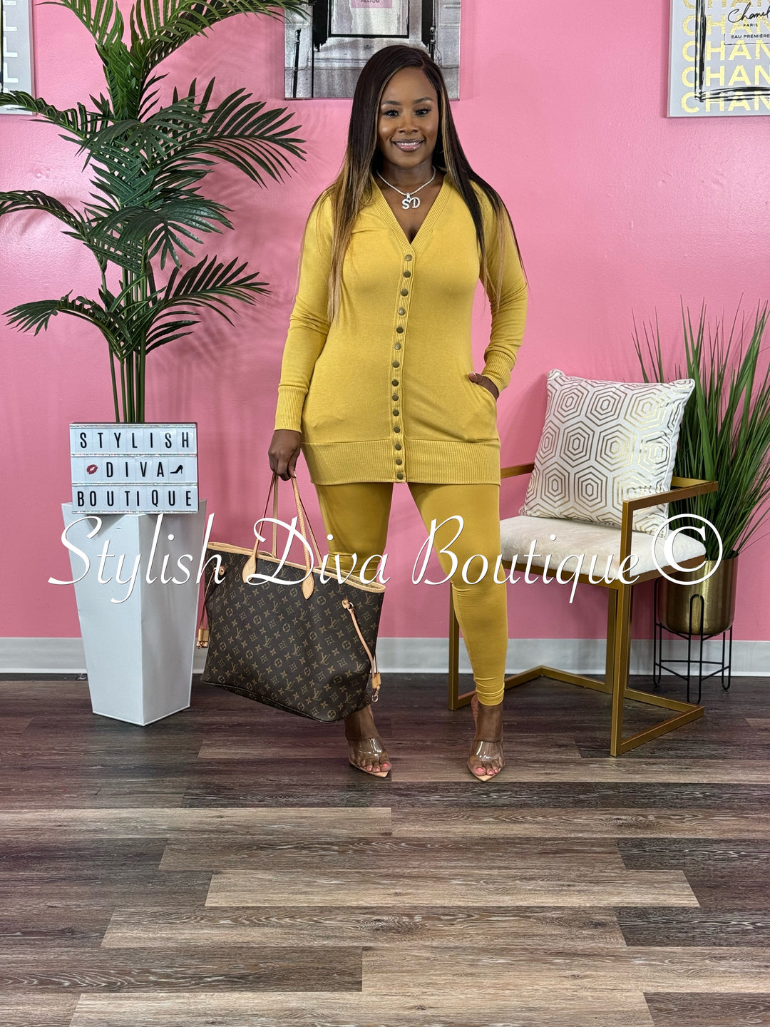 Terri 2pc Cardigan Set (Lt Mustard)