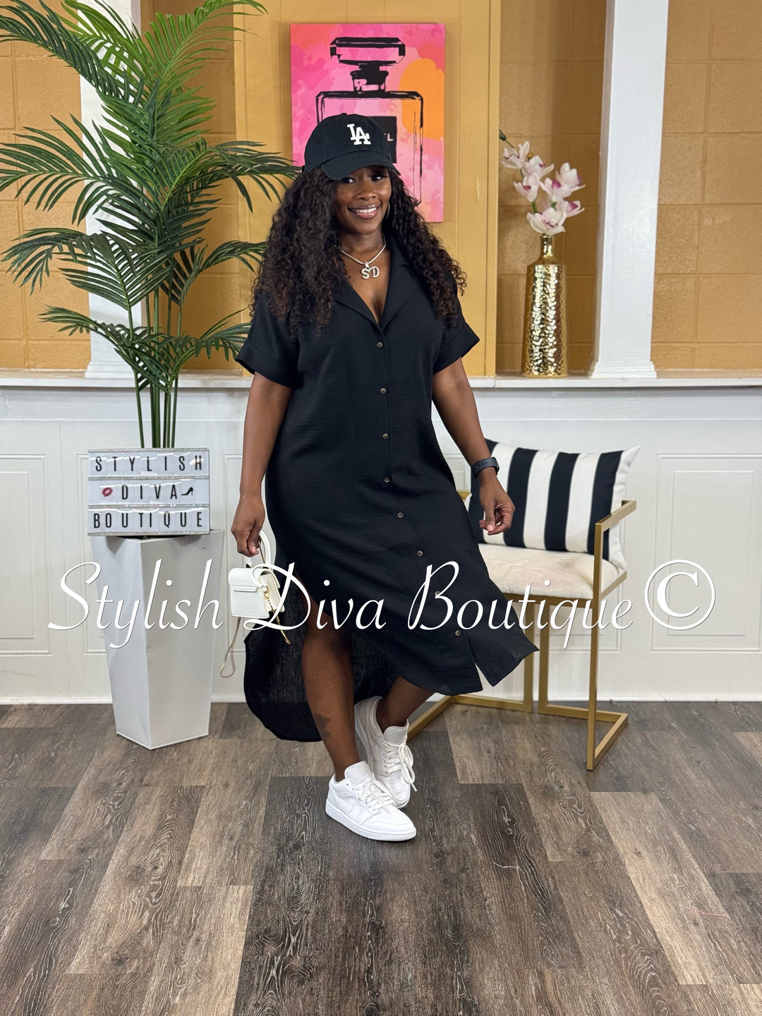 Kinder Buttoned Shirt Midi Dress (Black)