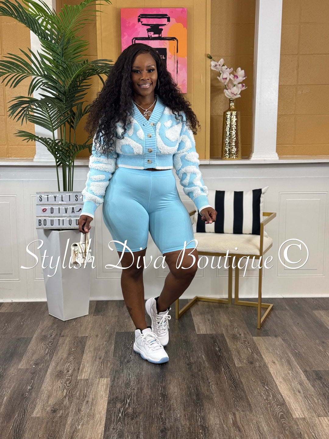 Isabelle Duo Color Cropped Knitted Cardigan (Light Blue/White)