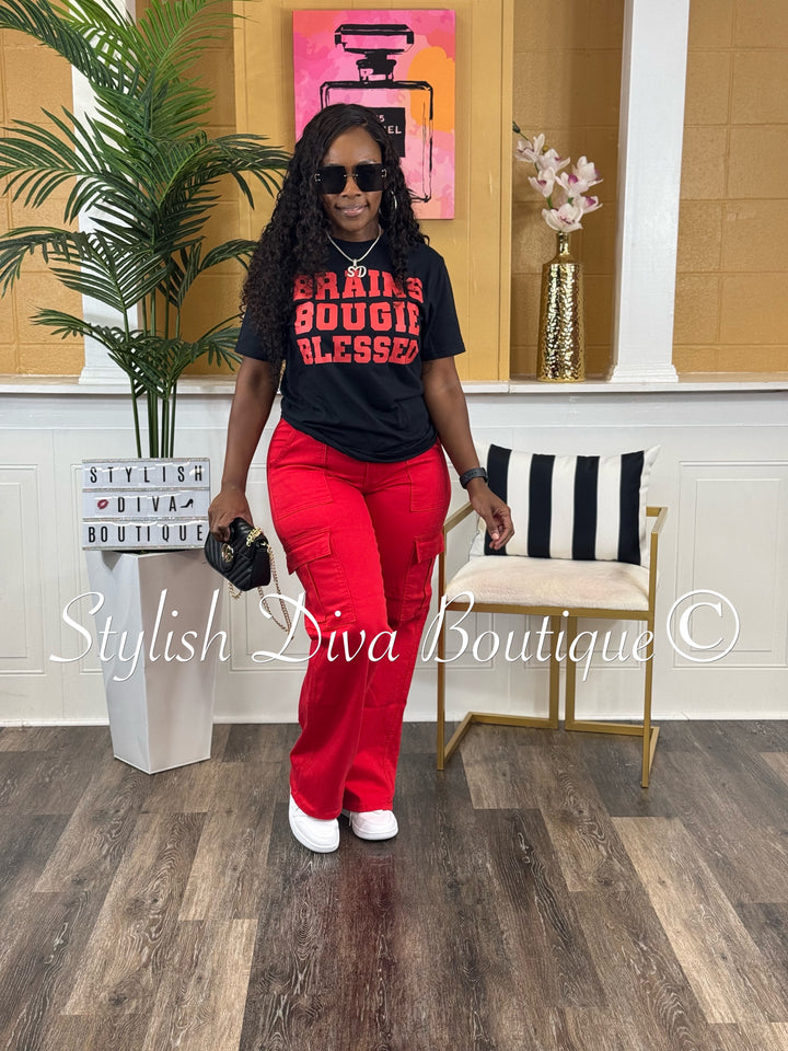 Brains Bougie Blessed T-Shirt (Black Shirt/Red Print)
