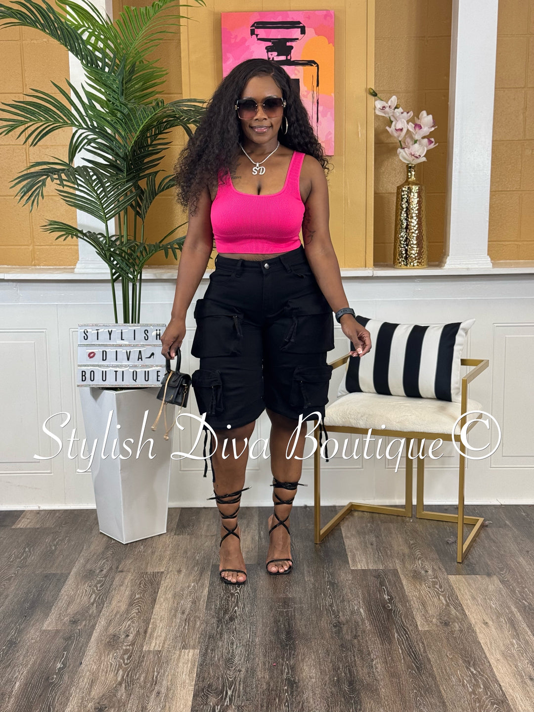 Ribbed Seamless Square Neck Cropped Tank (Hot Pink)