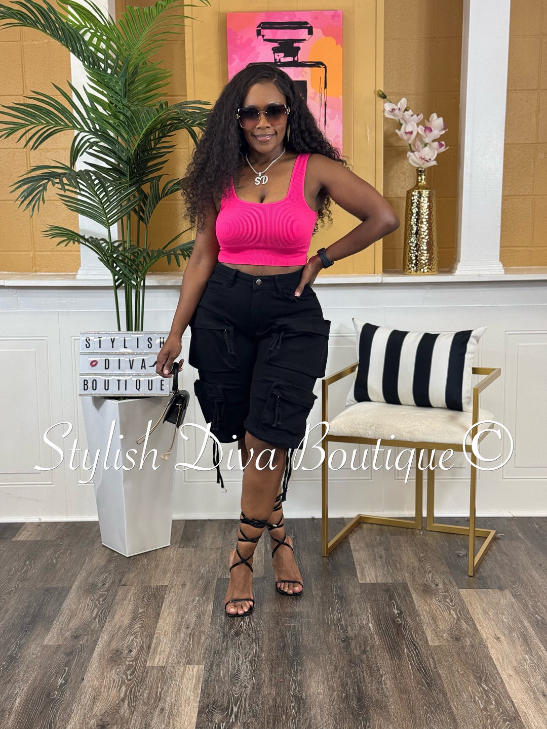 Ribbed Seamless Square Neck Cropped Tank (Hot Pink)